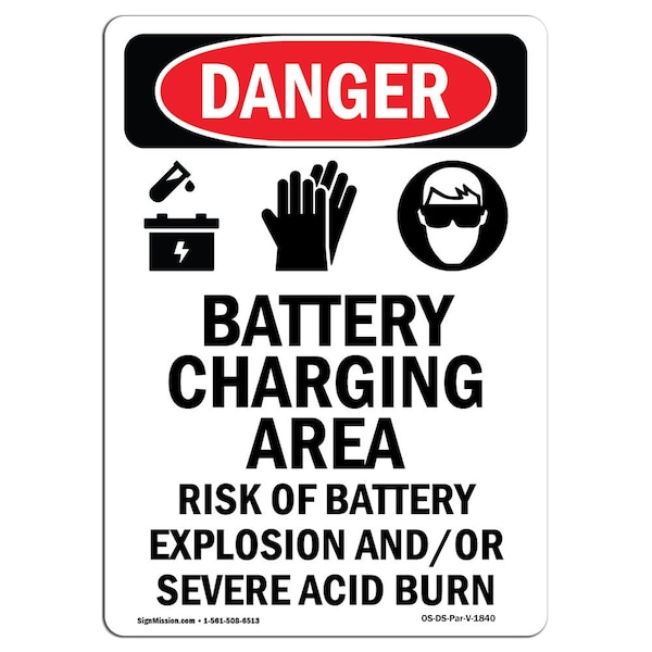 Safety Sign, OSHA Danger, 5" Height, Battery Charging Area, Portrait, 10PK